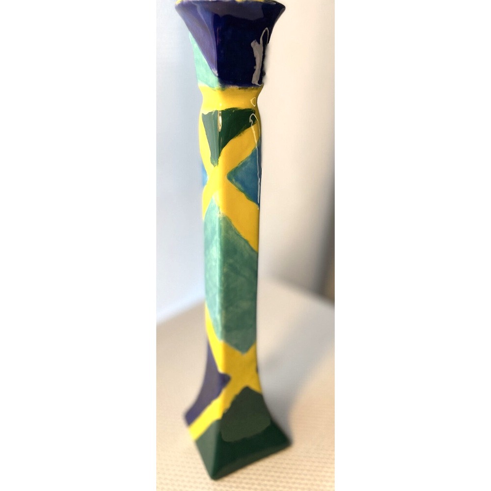 GK Blue, Yellow, Teal, Ceramic Candle Holder 11.5 inches tall